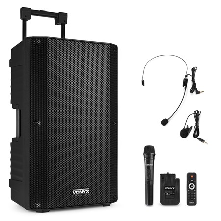 Vonyx - 15" högtalare Bluetooth, batteri, head- och handmikrofon